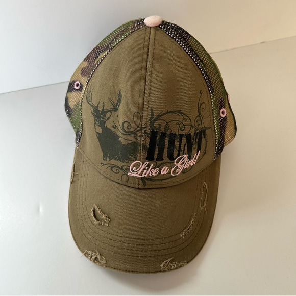 Buckwear Hunt Like a Girl! Pink Green Camo Baseball Hat Cap Deer Antlers Hunting - Picture 2 of 8